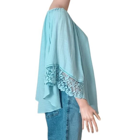 Light Blue Layered Kimono Top 1X Embroidered Lace Sleeves Attached Camisole - Picture 2 of 7